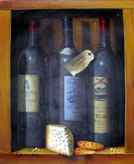 Wine, Cognac & Cheese Still Life by Danny Kim - Original Oil Painting