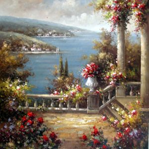 Flowering Terrace on the Lake - Original Oil Painting