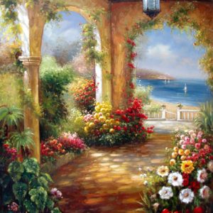 Garden Terrace by the Sea - Original Oil Painting