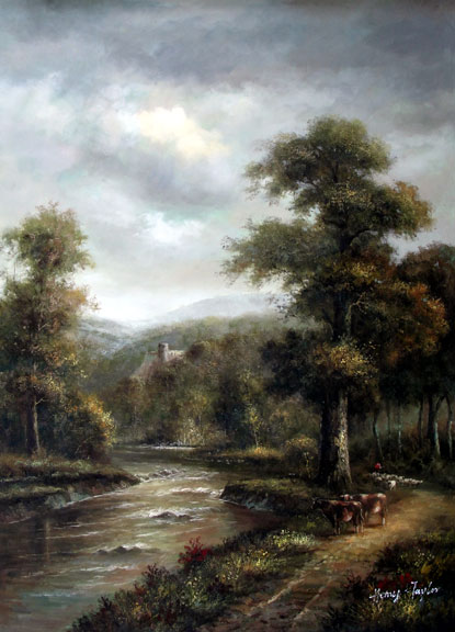 Castle Overlooking Pastoral Scene - Original Oil Painting