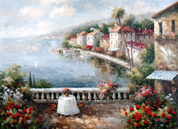 Table on the Seaside Terrace II by Moreyov - Original Oil Painting