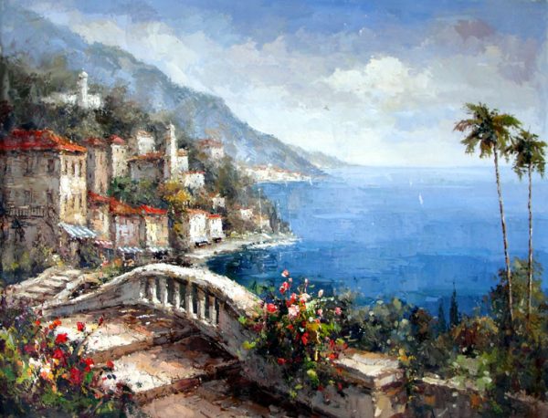 Italian Village on the Lake - Original Oil Painting